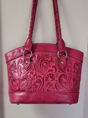 Patricia Nash Zorita Pink Burnished Tooled Shoulder Bag